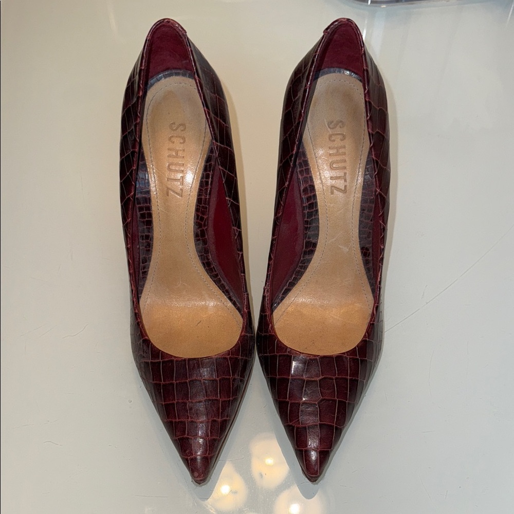 SCHUTZ Dark Red Croc-Embossed Heels